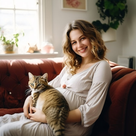 Pregnant woman at home room on the couch with a catの素材