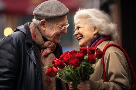 Senior man giving bouquet of colored flowers to his wife for anniversaryの素材