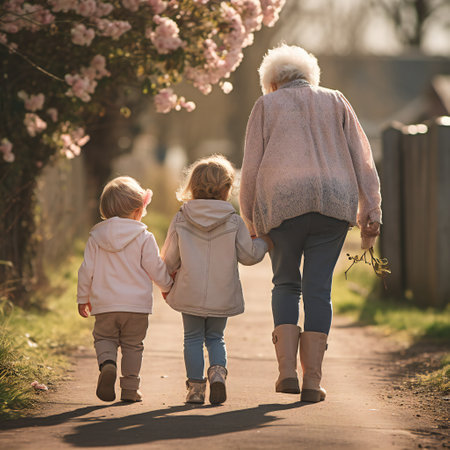 grandmother and grandchildren walking on a nature path Back viewの素材