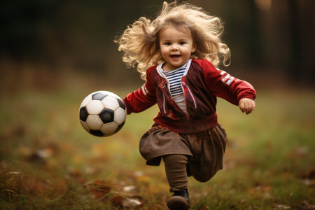 small Baby Child Girl kicking e soccer football. On a green lawn. She is sweet smiling and happy playing.の素材