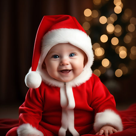 Happy infant baby boy in santacostume closeupの素材