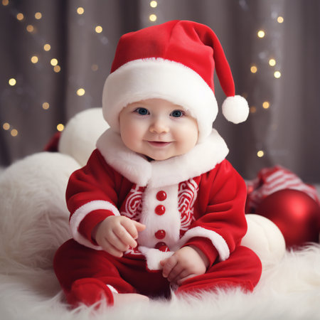Happy infant baby boy in santacostume closeupの素材
