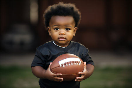 Adorable baby boy in the garden, wearing a football uniform.の素材