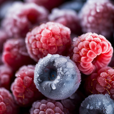 frozen berries, black currant, red currant, raspberry, blueberry. top view. macro. Treatment inspired by Pantone 2018 Color of the Year, Ultra Violetの素材