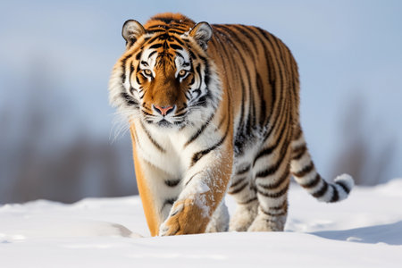 Siberian tiger walking, front view on path in the forest.の素材