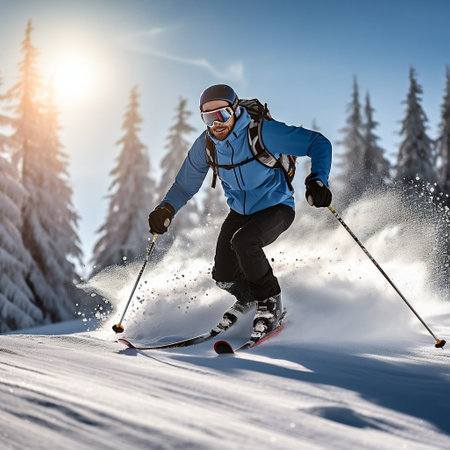 Skier skiing downhill in high mountainsの素材