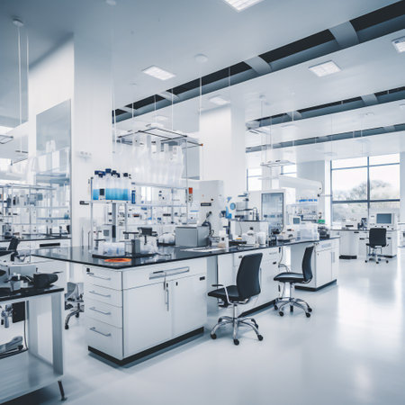 Modern Medical Research Laboratory with Computer, Microscope, Glassware with Biochemicals on the Desk. Scientific Lab Biotechnology Development Centerの素材