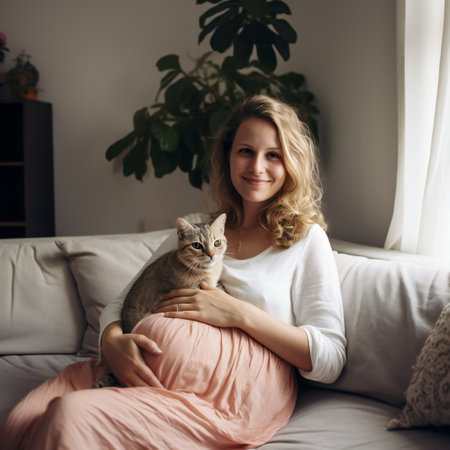 Pregnant woman at home room on the couch with a catの素材
