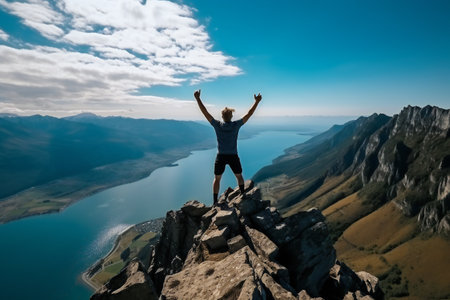 Man with arms up celebrating on top of the mountains - Hiker enjoying freedom on a hillの素材