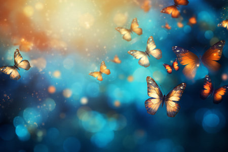 Magical fantasy landscape with fabulous flying butterflies on blurred mysterious blue backgroundの素材
