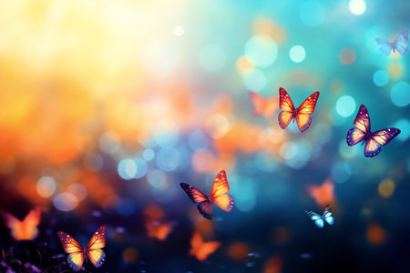 Magical fantasy landscape with fabulous flying butterflies on blurred mysterious blue backgroundの素材