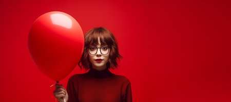 Banner with woman hold in hands red inflatable balloon. Concept with place for text.の素材