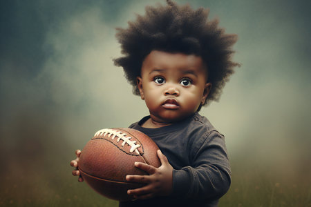 Adorable african american baby boy standing with american football ball.の素材