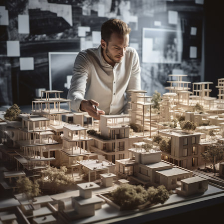 Young architecture or house designer works on his construction project with blueprint and model. Male CEO checks his big plan for new estate property developmentの素材