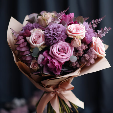Bouquet of different beautiful flowers and Roses in craft paperの素材