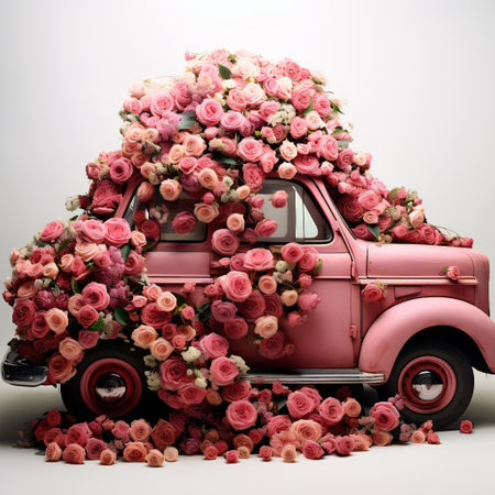 A pink vintage car full of pink rosesの素材