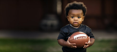 Adorable baby boy in the garden, wearing a football uniform.の素材