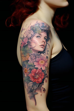 Tattoo with flowers and woman on hand.の素材