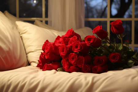 Rose bouquet. Soft focus of a Rose bouquet on a bed, romantic, honeymoon and Valentine's concept.の素材