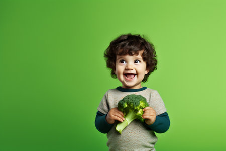 A studio shot of a smiling boy holding fresh broccoli on bright background. The concept of healthy baby food.の素材