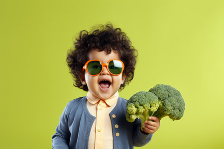 A studio shot of a happy boy in sunglasses holding fresh broccoli on bright background. The concept of healthy baby food.の素材