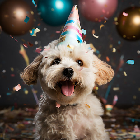 Cute small funny dog with a party hat celebrating birthday . Dog birthday party.の素材