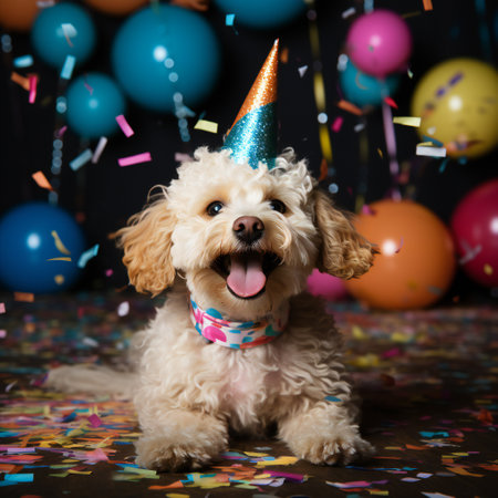 Cute small funny dog with a party hat celebrating birthday . Dog birthday party.の素材