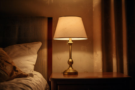Modern bedside fabric table bed lamp light bulb on wooden table in cozy bedroom and white fabric pillows interior beautiful living room decoration for homeの素材