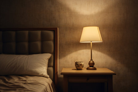 Modern bedside fabric table bed lamp light bulb on wooden table in cozy bedroom and white fabric pillows interior beautiful living room decoration for homeの素材