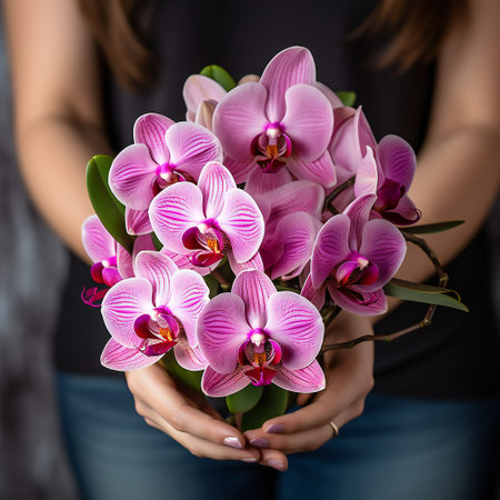 Female with beautiful orchid in handsの素材