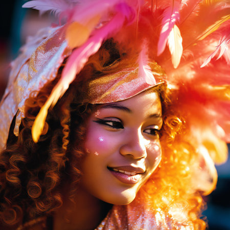 Beautiful young woman dressed costume with feathers smiles with joyの素材