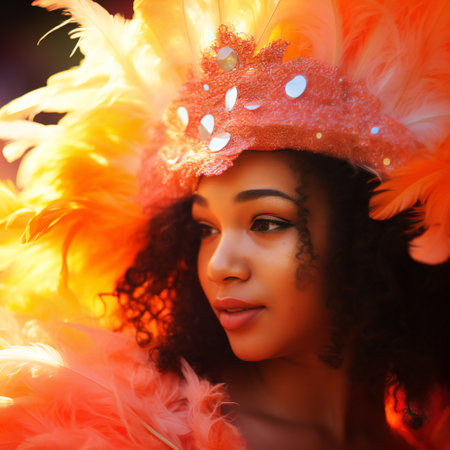 Beautiful young woman dressed costume with feathers smiles with joyの素材