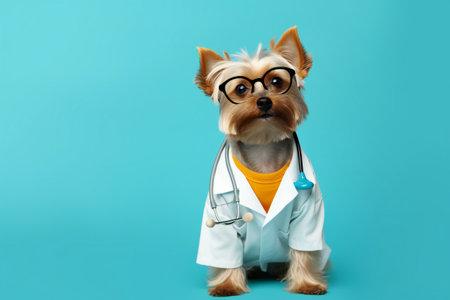 Funny terrier dog wearing like a doctor with stethoscope on his neck pointing away on empty space. isolated on blue backgroundの素材