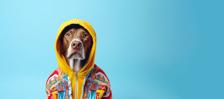 dog wearing colorful clothes with hood against blue background looking at cameraの素材