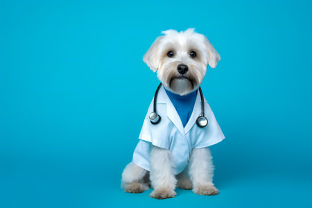 Funny dog wearing like a doctor with stethoscope on his neck pointing away on empty space. isolated on blue background, horizontal bannerの素材