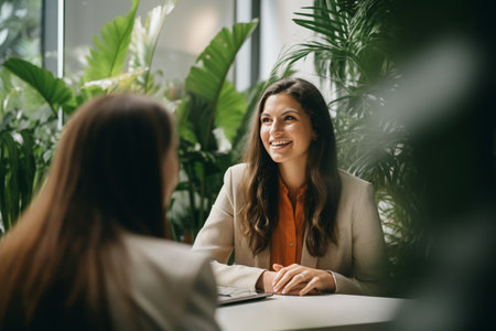 Woman office worker discussing new project with colleague during working day in coworkingの素材