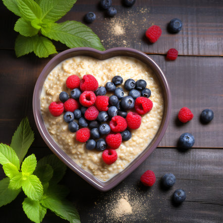 Oatmeal porridge with berries in bowl in the heart shape, top view. Oat flakes healthy breakfast meal. Clean eating, dieting, healthy foodの素材