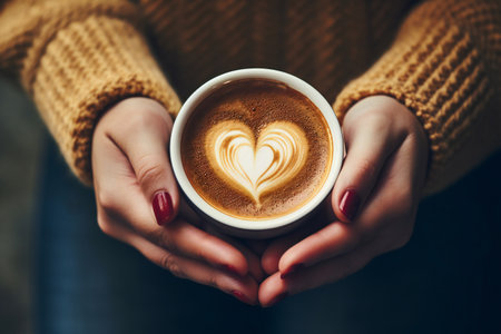 Woman holding cup of coffee latte, with heart shapeの素材