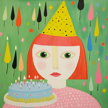 Cute Happy Kid Birthday Party with Cake Decoration. Minimalist Illustration artの素材