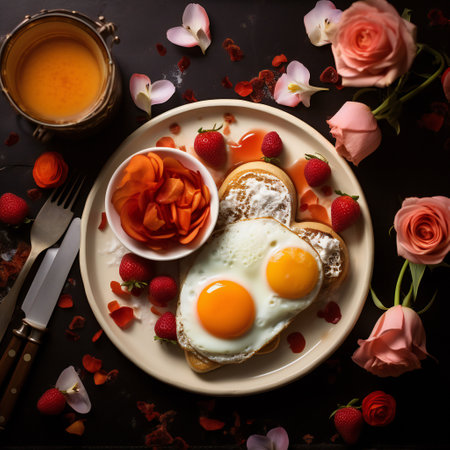 Breakfast on Valentine's Day - fried eggs and bread in the shape of a heart and fresh vegetables. Top viewの素材