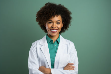 Portrait of young cheerful woman doctor with happy positive smile standing with arms crossedの素材