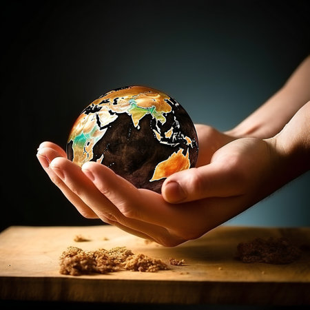 Hands holding a globe against dark background. 3Dの素材