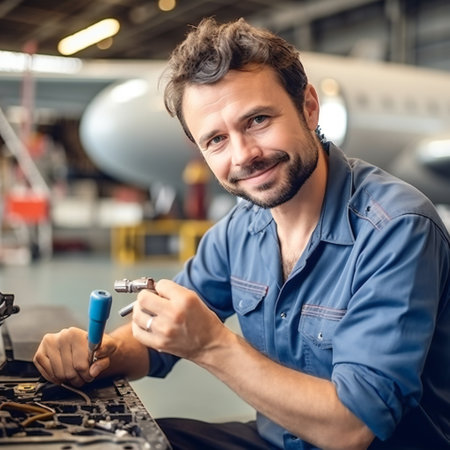 man aviation maintenance technician holding screwdriver and repairing aircraftの素材