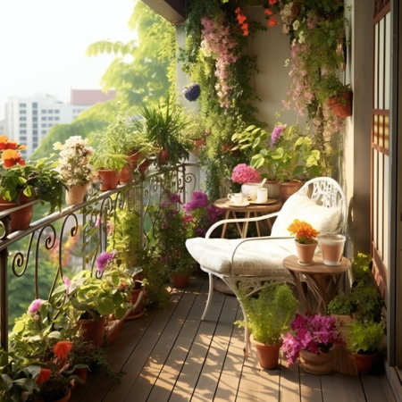 Beautiful terrace or balcony with small table, chair and flowers. Summer time Idyllic seating in the terrace with drink.の素材