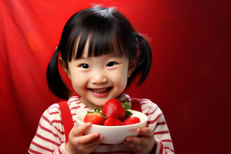Asian baby girl eating strawberry smiling, bowl in handsの素材