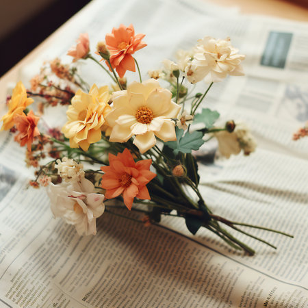 Bouquet of flowers on newspaper in retro styleの写真素材