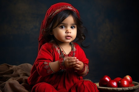 Portrait of cute little Indian girl while sitting in traditional costumeの素材