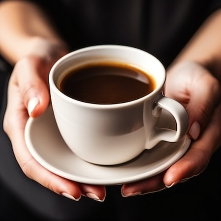 Closeup of female hands with a mug of beverage. woman holding cup of tea or coffee in the morningの素材