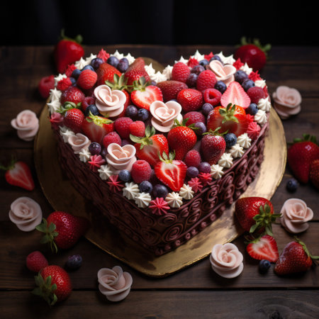 The heart-shaped layer cake is decorated with fresh berries, chocolate and flowers. Cake with fresh strawberries, raspberries and red currants. Dessert with red berries. Copy space. Valentine's Day.の写真素材