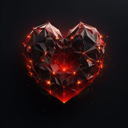 red heart made of lines, stars isolated on black background. Precious love, values concept. Valentines Day banner. Futuristic glowing low polygonal style. Modern designの写真素材